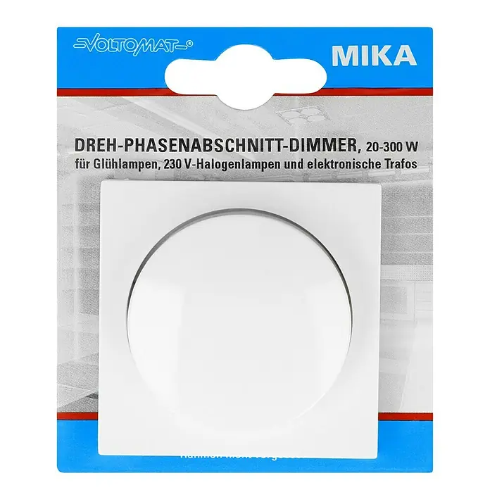 Voltomat MIKA Dimmer für elektronische Trafos - Ultraweiß - Dreh-Phasenabschnitt-Dimmer von Voltomtat, geeignet für Glühlampen, Halogenlampen und elektronische Trafos. Regelbereich 20-300W, Modell MIKA.