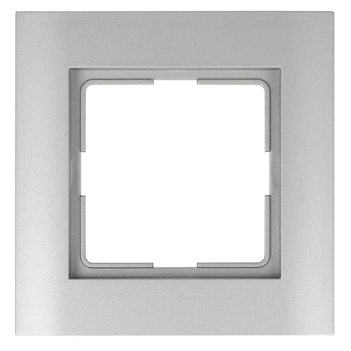 Abdeckrahmen - Silber, 1-fach, Kunststoff - Nahaufnahme einer silbernen Schalterabdeckung mit quadratischer Aussparung, ideal für moderne Innenräume.