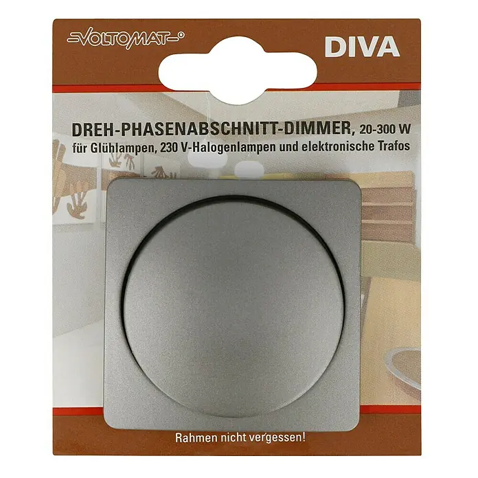 Voltomat DIVA Dimmer für elektronische Trafos - Platin - Verpackung des VOLTOMAT-Diva Dreh-Phasenabschnitt-Dimmers für Glühlampen, Halogenlampen und elektronische Trafos mit 20-300W Leistung.
