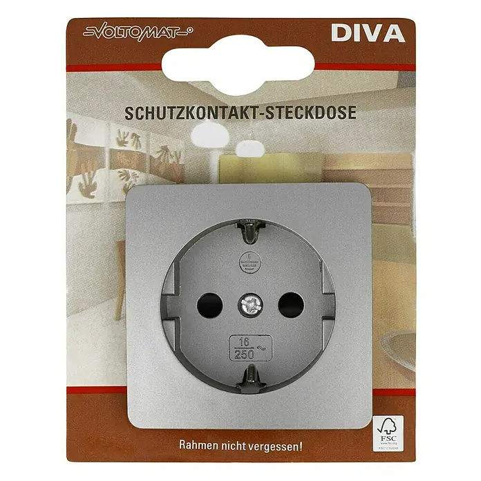 Voltomat DIVA Steckdose mit erhöhtem Berührungsschutz - Platin, 1-fach, Kunststoff - Nahaufnahme einer VoltomAT DIVA Schutzkontakt-Steckdose in Silber. Ideal für sichere Stromversorgung in jedem Raum.