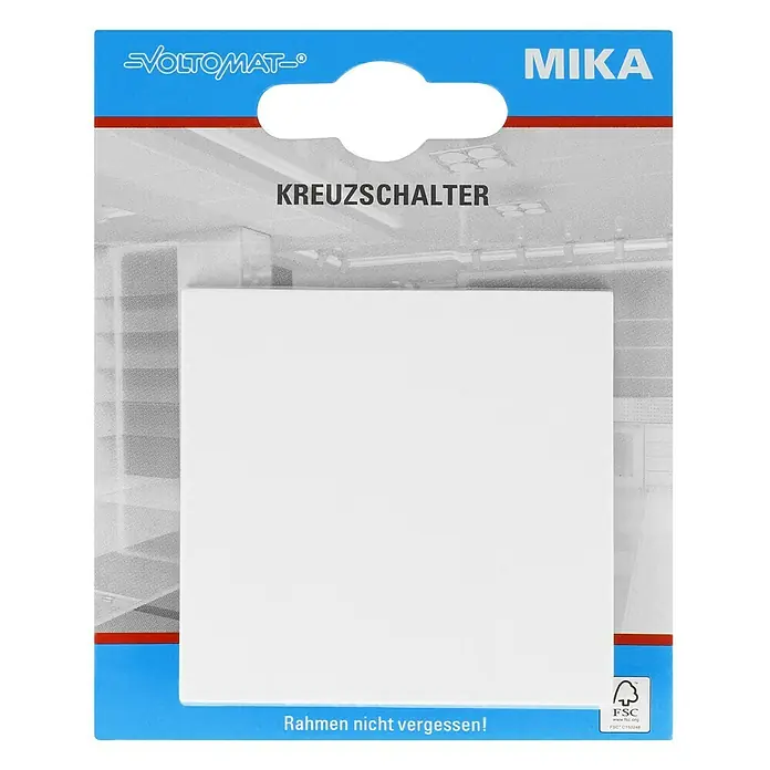 Voltomat MIKA Kreuzschalter - Ultraweiß, Glänzend, Unterputzmontage, 10 A - Verpackung eines VOLTOMAT-Kreuzschalters MIKA. Hinweis: Rahmen nicht vergessen! Praktische Elektroinstallation für Ihr Zuhause.