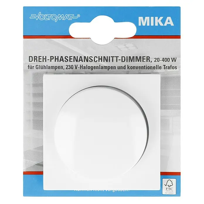 Voltomat MIKA Dimmer für konventionelle Trafos - Ultraweiß - Produktverpackung eines VOLTOMAT-Dimmers MIKA, 20-400 W für Glühlampen, 230 V-Halogenlampen und konventionelle Trafos mit FSC-Siegel.