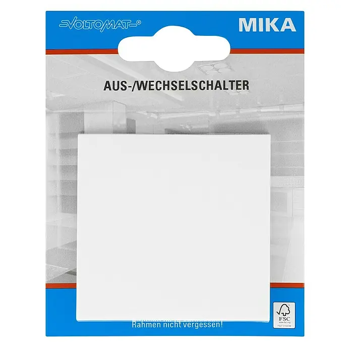 Voltomat MIKA Wechselschalter - Ultraweiß, Glänzend, Unterputzmontage, 10 A - Ein Voltomat MIKA Aus-/Wechselschalter in einer blauen Verpackung.