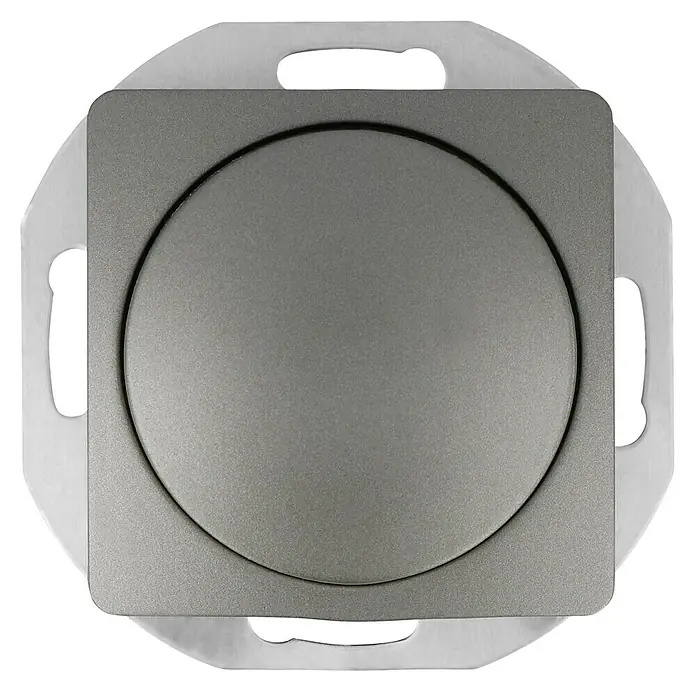 Voltomat DIVA Dimmer für konventionelle Trafos - Platin - Nahaufnahme eines grauen, runden Dimmers mit einer silbernen Halterung. Das Produkt ist schlicht und modern designt.