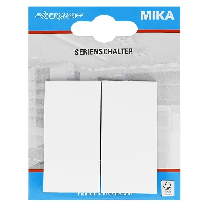 Voltomat MIKA Serienschalter - Ultraweiß, Glänzend, Unterputzmontage, 10 A - Verpackung eines Voltomat Serienschalters MIKA. Enthält einen Doppelschalter zur Steuerung von Licht. Rahmen bitte nicht vergessen!