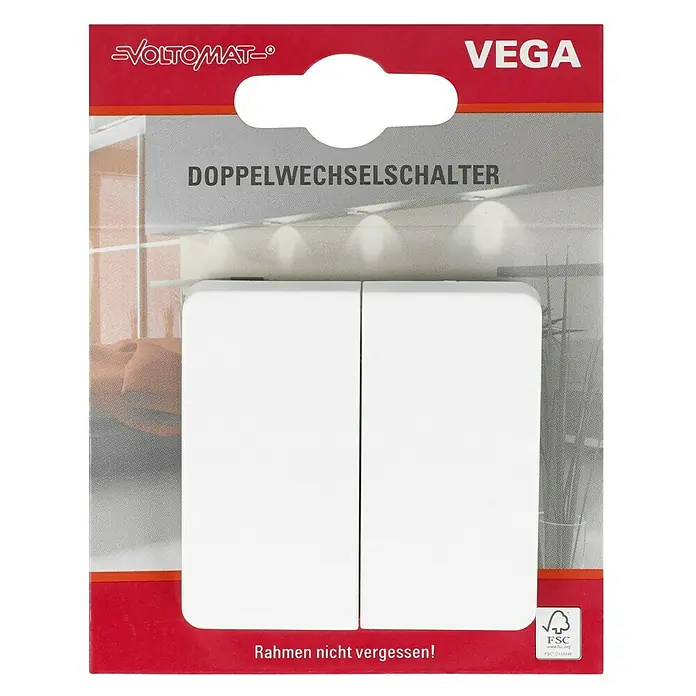 Voltomat VEGA Doppelwechselschalter - Ultraweiß, Kunststoff, 10 A - Doppelwechselschalter von VEGA/VOLTOMAT in weißer Verpackung. Ideal für die Elektroinstallation im Haus, die Licht steuern kann.