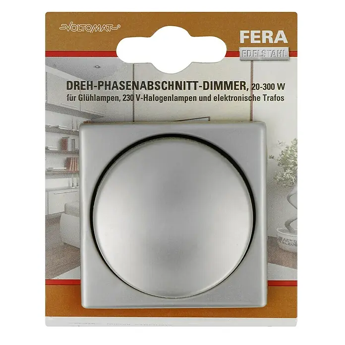 Voltomat FERA Dimmer Elektronisch - Edelstahl, Edelstahl - Nahaufnahme einer Verpackung eines FERA Dreh-Phasenabschnitt-Dimmers, 20-300 W, für Glühlampen und 230 V-Halogenlampen.