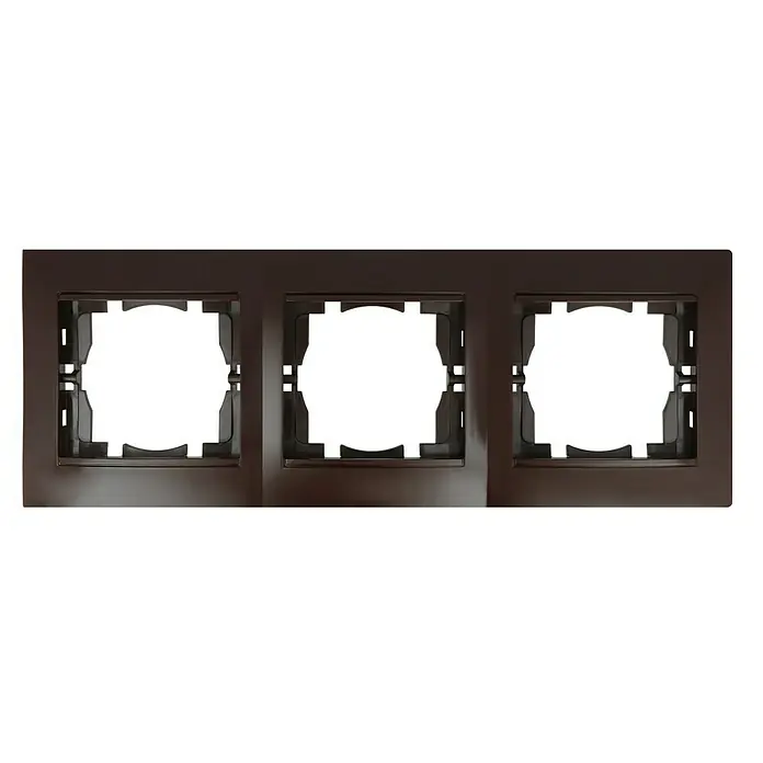 Voltomat DEA 100 Abdeckrahmen - Braun, 3-fach, Kunststoff, Horizontal - Nahaufnahme einer dreifachen braunen Steckdosenleiste, die eine elegante und moderne Lösung für Stromanschlüsse darstellt.