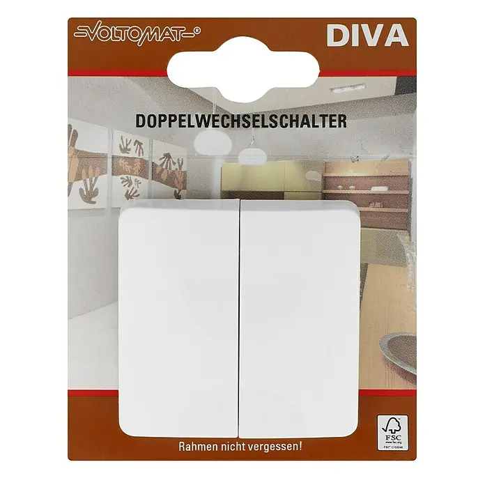 Voltomat DIVA Doppelwechselschalter - Ultraweiß, Glänzend, Unterputzmontage, 10 A - Produktverpackung für VOLTOMAT DIVA Doppelwechselschalter. Der Schalter ist in einer braun-weißen Verpackung mit dem FSC-Logo abgebildet.