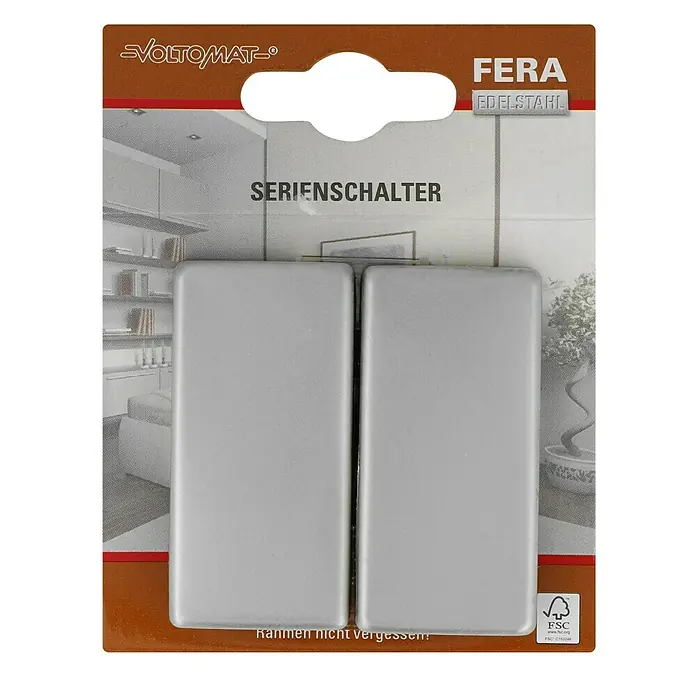 Voltomat FERA Serienschalter - Edelstahl, Glänzend, Unterputzmontage, 10 A - Verpackung eines Fera Serienschalters aus Edelstahl von Voltomat. Ideal für die Installation im Haus.