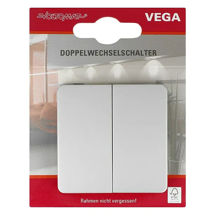 Voltomat VEGA Doppelwechselschalter - Silber, Kunststoff, 10 A - Doppelwechselschalter Vega von Voltomat mit weißer Oberfläche. Ideal für vielfältige Anwendungen.
