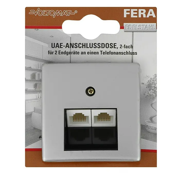 Voltomat FERA UAE-Dose RJ 45 - 2-fach, Edelstahl, Glänzend, Unterputzmontage - Das Bild zeigt eine VOLTOMAT-Doppel-UAE-Anschlussdose aus Edelstahl, ideal für den Anschluss von zwei Endgeräten an einen Telefonanschluss.