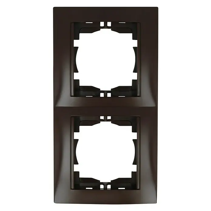 Voltomat DEA 100 Abdeckrahmen - Braun, 2-fach, Kunststoff, Horizontal - Eine Doppel-Abdeckplatte in dunklem Braun mit zwei quadratischen Aussparungen für Schalter oder Steckdosen. Ideal für moderne Innenräume.