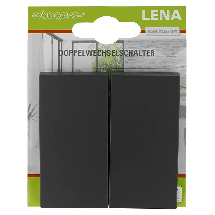 Voltomat Lena Doppelwechselschalter - Anthrazit, Kunststoff, 10 A - Ein Doppelwechselschalter "Lena edel mattiert" von Voltomat. Der Schalter ist in einer Verpackung präsentiert und bereit für die Installation.
