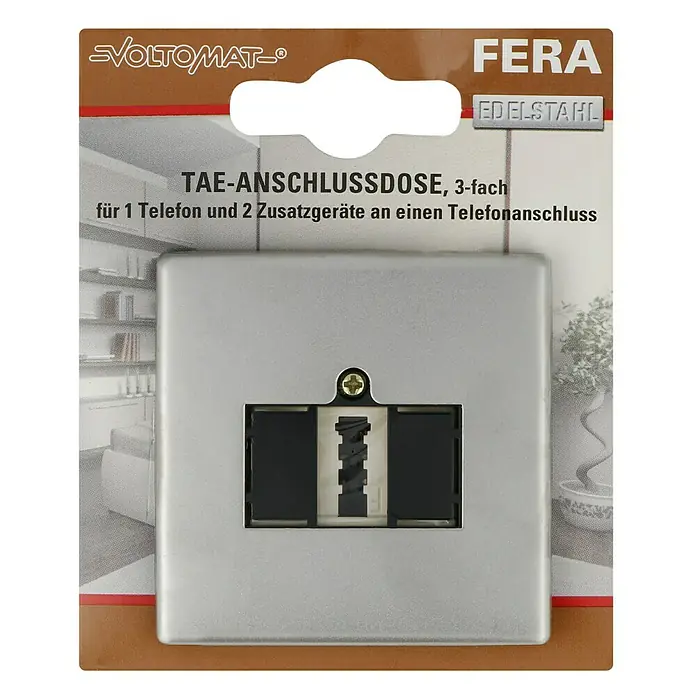 Voltomat FERA TAE-Telefondose - Edelstahl, Glänzend, Unterputzmontage - Eine TAE-Anschlussdose von VOLTOMAT FERA aus Edelstahl, 3-fach für 1 Telefon und 2 Zusatzgeräte an einen Telefonanschluss.