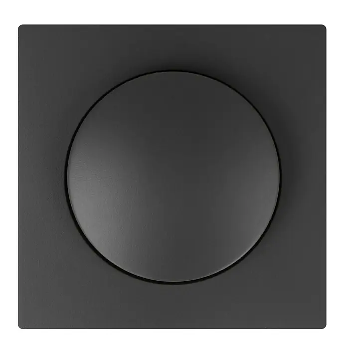 Voltomat Lena Dimmer für konventionelle Trafos - Anthrazit - Nahaufnahme eines modernen schwarzen quadratischen Produkts mit einer erhöhten kreisförmigen Mittelpartie, die ein elegantes, minimalistisches Design zeigt.