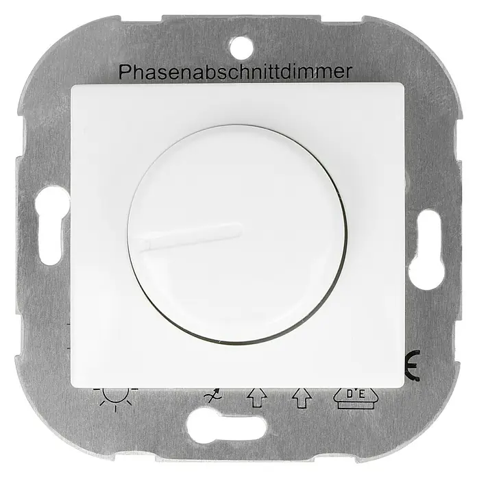 Voltomat VITA LED-Dimmer - Alpinweiß, Kunststoff - Nahaufnahme eines weißen Phasenabschnittdimmers mit silberfarbener Montageplatte und Beschriftungen.