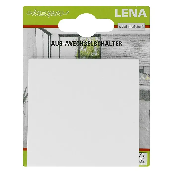 Voltomat Lena Wechselschalter - Polarweiß, Matt, Unterputzmontage, 10 A, 1 Stk. - Bild einer Voltolmat Lena AUS-/WECHSELSCHALTER-Verpackung, die einen edel mattierten Schalter zeigt.