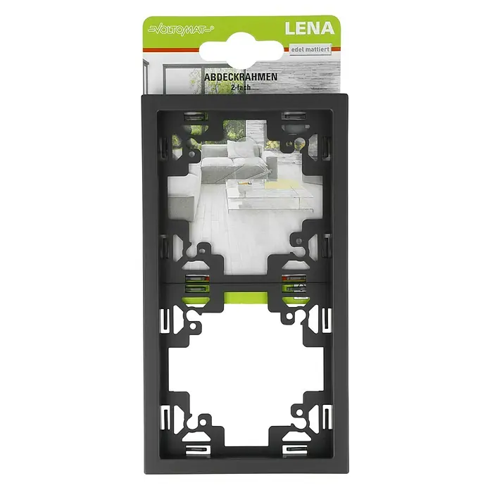 Voltomat Lena Abdeckrahmen - Anthrazit, 2-fach, Kunststoff - Nahaufnahme eines LENA edel mattierten Doppel-Abdeckrahmens von Voltomat, ideal für stilvolle Lichtschalter und Steckdosen.