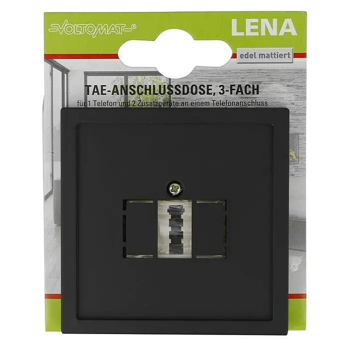 Voltomat Lena TAE-Telefondose - Anthrazit - Abbildung einer schwarzen TAE-Anschlussdose von LENA, eine edle, matte Telefonanschlussdose für bis zu drei Geräte.