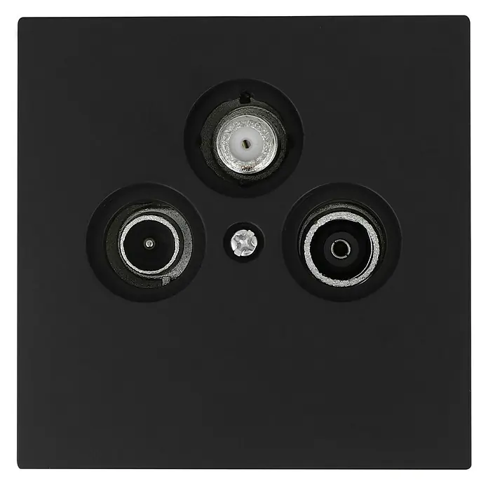 Voltomat Lena Antennendose - 3-fach, Anthrazit - Nahaufnahme einer schwarzen Antennensteckdose mit drei Anschlüssen und einer Schraube.