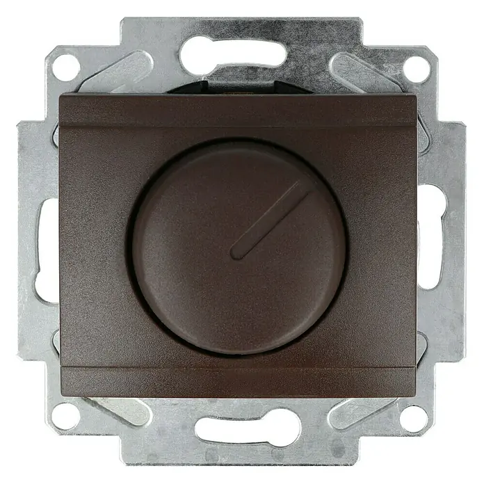 Voltomat DEA 100 LED-Dimmer - Braun, Kunststoff - Nahaufnahme eines braunen Dimmers mit silberner Montageplatte.