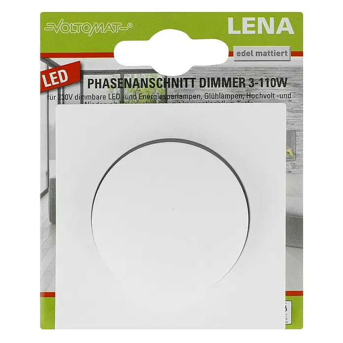Voltomat Lena LED-Dimmer - Polarweiß, Kunststoff - Produktverpackung für einen "VOLTOMAT- LENA edelmattiert" Phasenanschnittdimmer 3-110W für dimmbare LED- und Energiesparlampen.