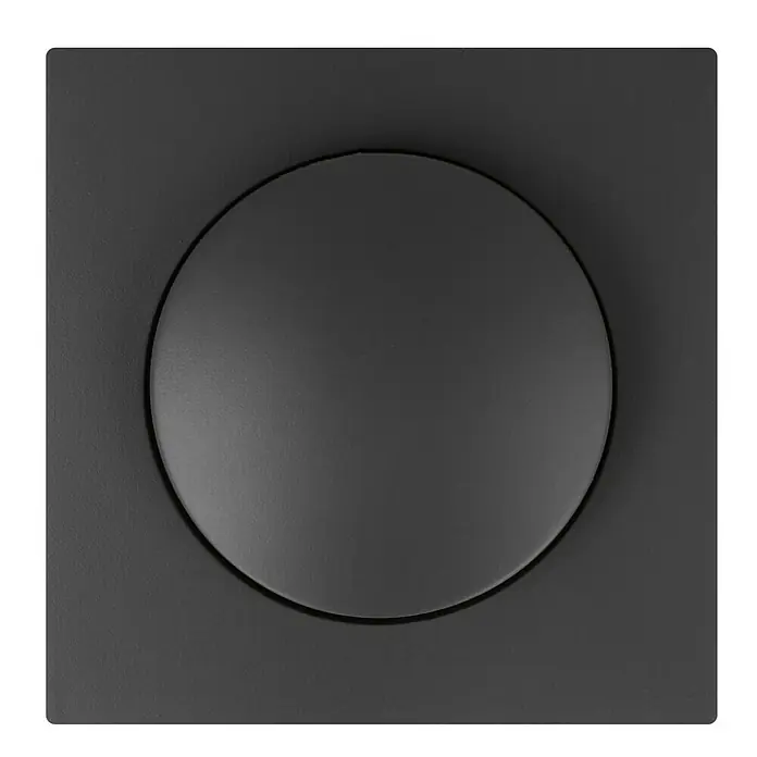 Voltomat Lena LED-Dimmer - Anthrazit, Kunststoff - Nahaufnahme einer quadratischen, mattschwarzen Wandfliese mit erhabenem, runden Relief, das ein modernes, minimalistisches Design zeigt.