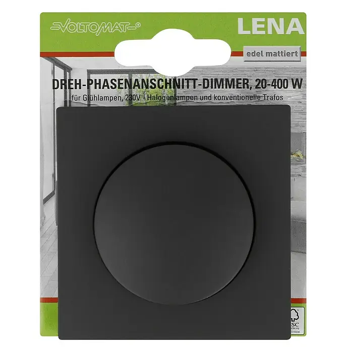 Voltomat Lena Dimmer für konventionelle Trafos - Anthrazit - Verpackung eines VOLTOMAT-Drehphasenanschnitt-Dimmers (20-400 W) in edlem, mattem Design, geeignet für Glühlampen und Halogenlampen.