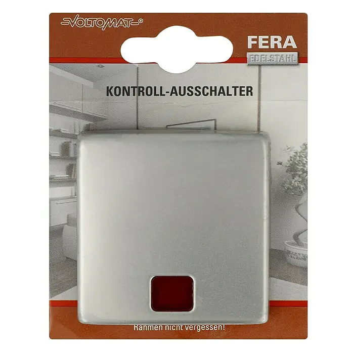 Voltomat FERA Kontrollschalter - Edelstahl, Glänzend, Unterputzmontage, 10 A - Produktverpackung mit VOLTOMAT Kontroll-Ausschalter FERA Edelstahl. Praktisch und hochwertig für den täglichen Gebrauch im Haushalt.
