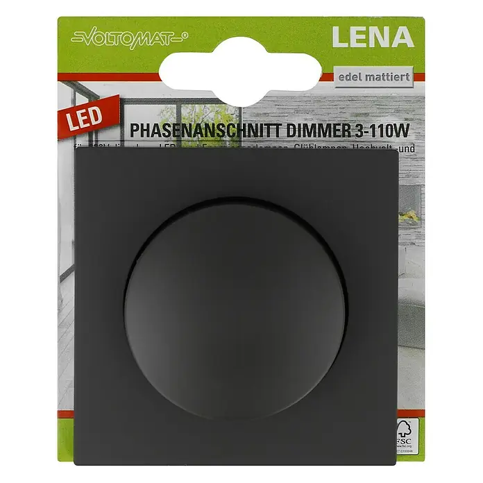 Voltomat Lena LED-Dimmer - Anthrazit, Kunststoff - Produktverpackung eines mattschwarzen LED-Phasenanschnittdimmers von LENA für 3-110W mit VOLTOMAT-Logo.