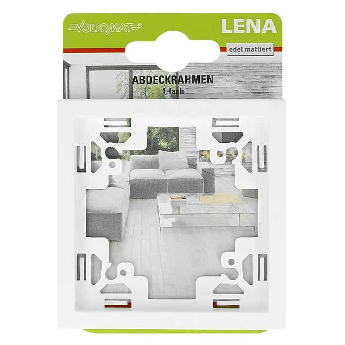 Voltomat Lena Abdeckrahmen - Polarweiß, 1-fach, Kunststoff - Foto eines VOLTOMAT LENA Abdeckrahmens, edel mattiert, 1-fach, in Weiß. Die Verpackung zeigt ein modernes Wohnzimmer.