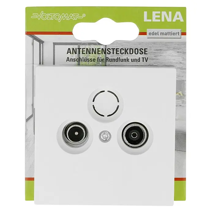 Voltomat Lena Antennendose - Polarweiß, 2-fach - Nahaufnahme einer LENA Antennensteckdose in edlem Mattweiß, ideal für Rundfunk- und TV-Anschlüsse im modernen Wohnbereich.