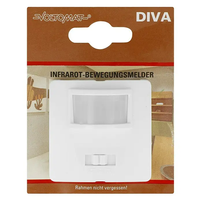 Voltomat DIVA Bewegungsmelderaufsatz - Ultraweiß, Glänzend, Unterputzmontage - Das Bild zeigt die Verpackung eines VOLTOMAT-Infrarot-Bewegungsmelders DIVA. Das Gerät ist weiß und hat einen Schalter zur Einstellung der Empfindlichkeit.