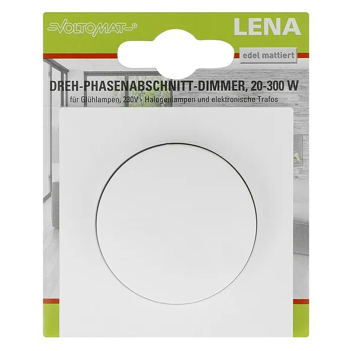 Voltomat Lena Dimmer für elektronische Trafos - Polarweiß - Produktbild des VOLTOMAT-Phasenabschnittdimmers "Lena" mit 20-300 W in edlem Mattweiß, geeignet für Glühlampen, Halogenlampen und elektronische Trafos.