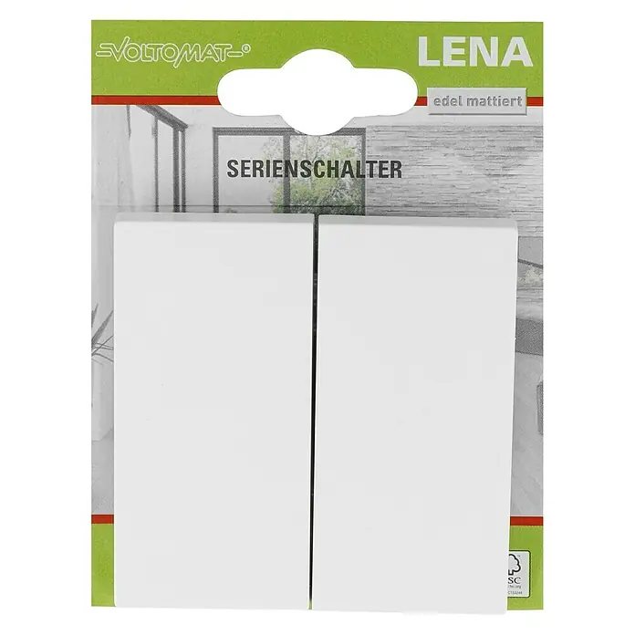 Voltomat Lena Serienschalter - Polarweiß, 10 A - Nahaufnahme einer LENA Serienschalter-Doppelpackung, edelmattiert, zur Installation in Innenräumen.