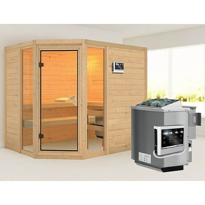 Karibu Massivholzsauna Sinai 3 - Mit 9 kW Bio-Ofen mit externer Steuerung, Ohne Dachkranz, L x B x H: 236 x 184 x 200 cm - Abbildung einer Sauna mit Holzverkleidung und einem Saunaofen, der mit Steinen gefüllt ist.