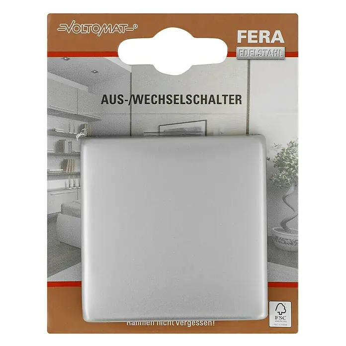 Voltomat FERA Wechselschalter - Edelstahl, Glänzend, Unterputzmontage, 10 A, Edelstahl - Verpackung eines FERA Edelstahl Aus-/Wechselschalters von Voltomat mit braunem Rand und Aufhänger.