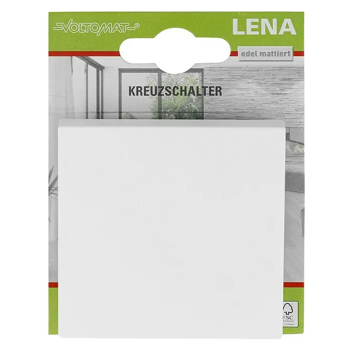 Voltomat Lena KreuzschalterPolarweiß, 10 A - Ein Voltomat LENA Kreuzschalter edelmattiert in Weiß, verpackt und bereit für die Installation. Ideal für jede moderne Elektroinstallation.