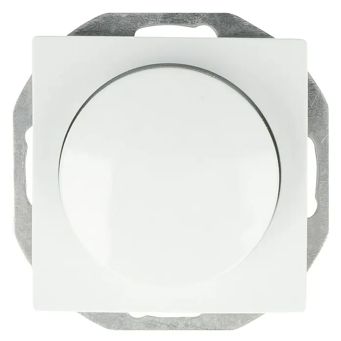 Voltomat Lena LED-Dimmer - Polarweiß, Kunststoff - Nahaufnahme eines weißen Dimmers mit quadratischer Blende und kreisförmigem Knopf, umgeben von einer metallischen Halterung.