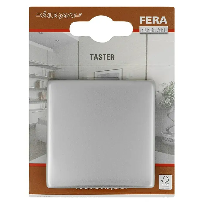 Voltomat FERA Taster - Edelstahl, Glänzend, Unterputzmontage, 10 A - Nahaufnahme eines Voltomat FERA Edelstahl-Testers auf braunem Karton, der ein Möbeldesign auf der Verpackung zeigt.