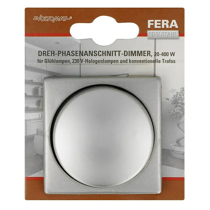 Voltomat FERA Dimmer Konventionell - Edelstahl, Edelstahl - Produktfoto eines FERA Dreh-Phasenanschnitt-Dimmers, 20-400 W, aus Edelstahl für Glühlampen und Halogenlampen in einer braunen Verpackung.