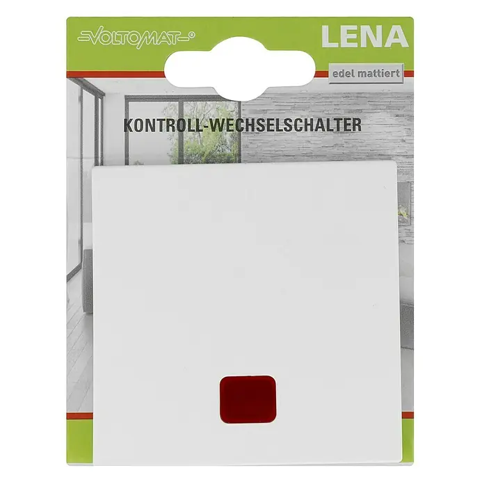 Voltomat Lena KontrollschalterPolarweiß, 10 A - Das Bild zeigt eine weiße Kontroll-Wechselschalter-Abdeckung von Voltomat Lena, edel mattiert, mit rotem Schalter.