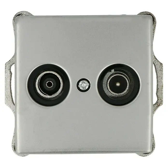 Voltomat FERA Antennendose - Edelstahl, Glänzend, Edelstahl, Unterputzmontage - Nahaufnahme einer grauen Koaxial-Wandanschlussdose mit zwei Anschlüssen und einer Schraube in der Mitte.