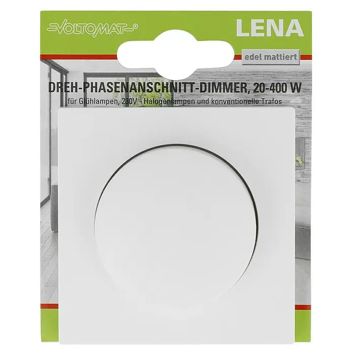 Voltomat Lena Dimmer für konventionelle Trafos - Polarweiß - Bild eines Dimmerschalters LENA edel mattiert von VOLTOMAT, geeignet für Glühlampen, Halogenlampen (230V) und konventionelle Trafos.