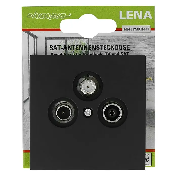 Voltomat Lena Antennendose - 3-fach, Anthrazit - Nahaufnahme einer matten, schwarzen Lena SAT-Antennensteckdose von Voltomat, ideal für Rundfunk, TV und SAT-Anschlüsse.