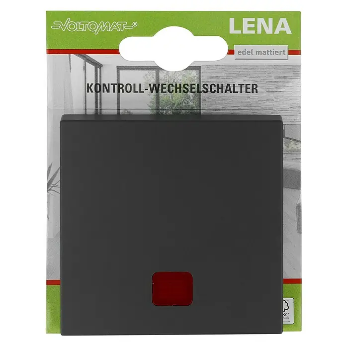 Voltomat Lena Kontrollschalter - Anthrazit, 10 A - Verpackung eines LENA Kontroll-Wechselschalters in edlem, mattem Design für die einfache Lichtsteuerung im Haus.
