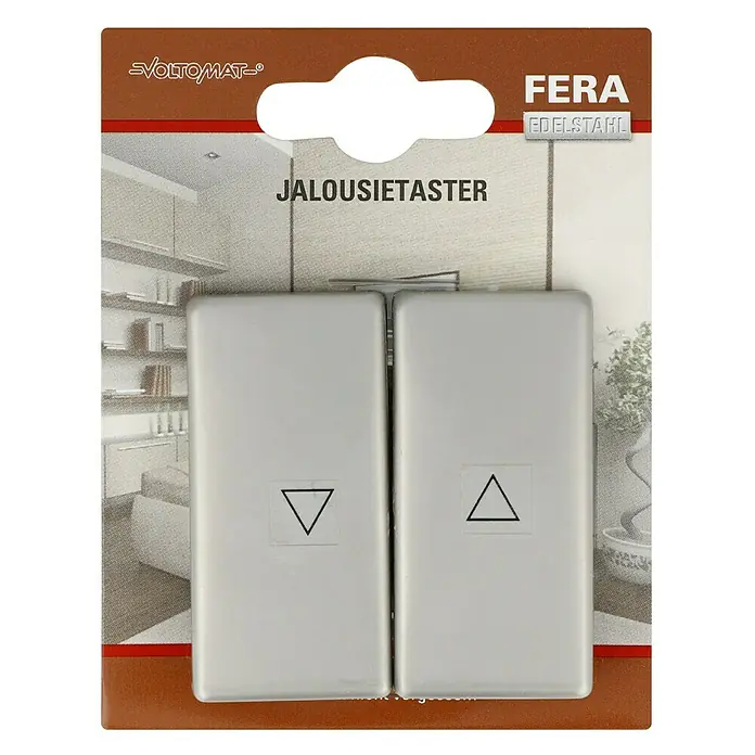 Voltomat FERA Jalousietaster - Edelstahl, Glänzend, Unterputzmontage, 10 A - Ein FERA Edelstahlschalter für Jalousien. Die Bedienung erfolgt durch zwei Tasten mit Pfeilen nach oben und unten zur Steuerung.