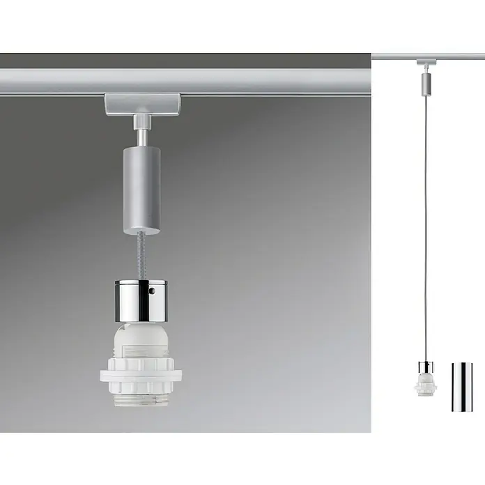 Paulmann URail 2Easy Pendelleuchte Basic - 20 W, Chrom, Höhe: 150 cm - Detailaufnahme einer silbernen Lampenaufhängung. Ein modernes und stilvolles Zubehör für Beleuchtungssysteme.