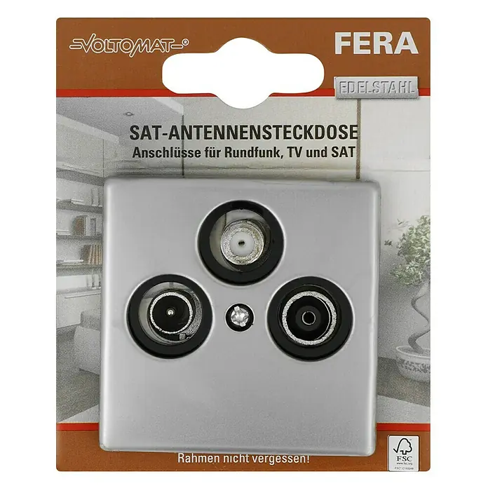 Voltomat FERA Antennendose - 3-fach - Verpackung einer FERA Sat-Antennensteckdose von VOLTOMAT- aus Edelstahl, für Rundfunk-, TV- und SAT-Anschlüsse, Hinweis: Rahmen nicht vergessen.